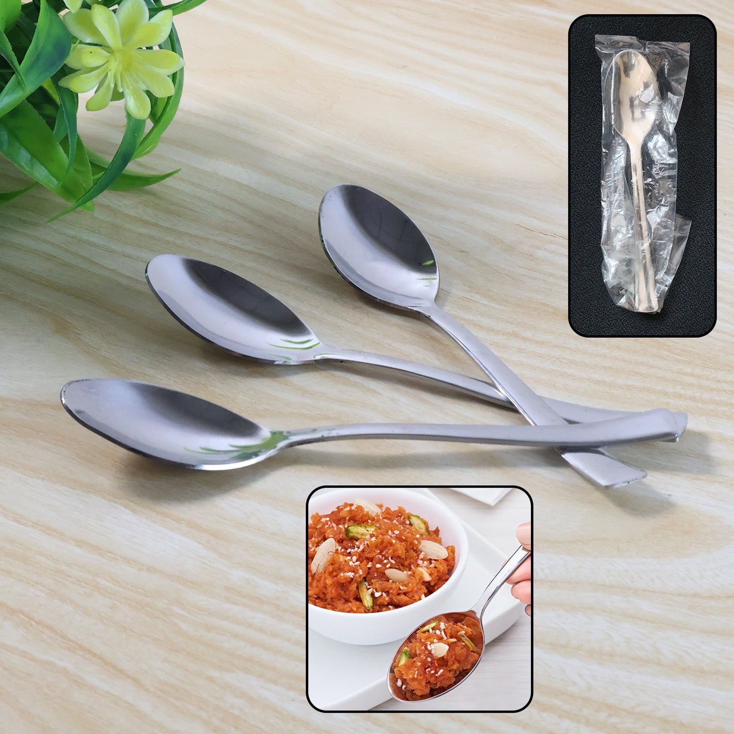 Wukusy 3-piece set of everyday dining spoons, stainless steel utensils for home and kitchen use, arranged on a clean surface.