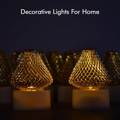 Set of 12 decorative LED flameless candles with golden net covers, perfect for home decor by Wukusy