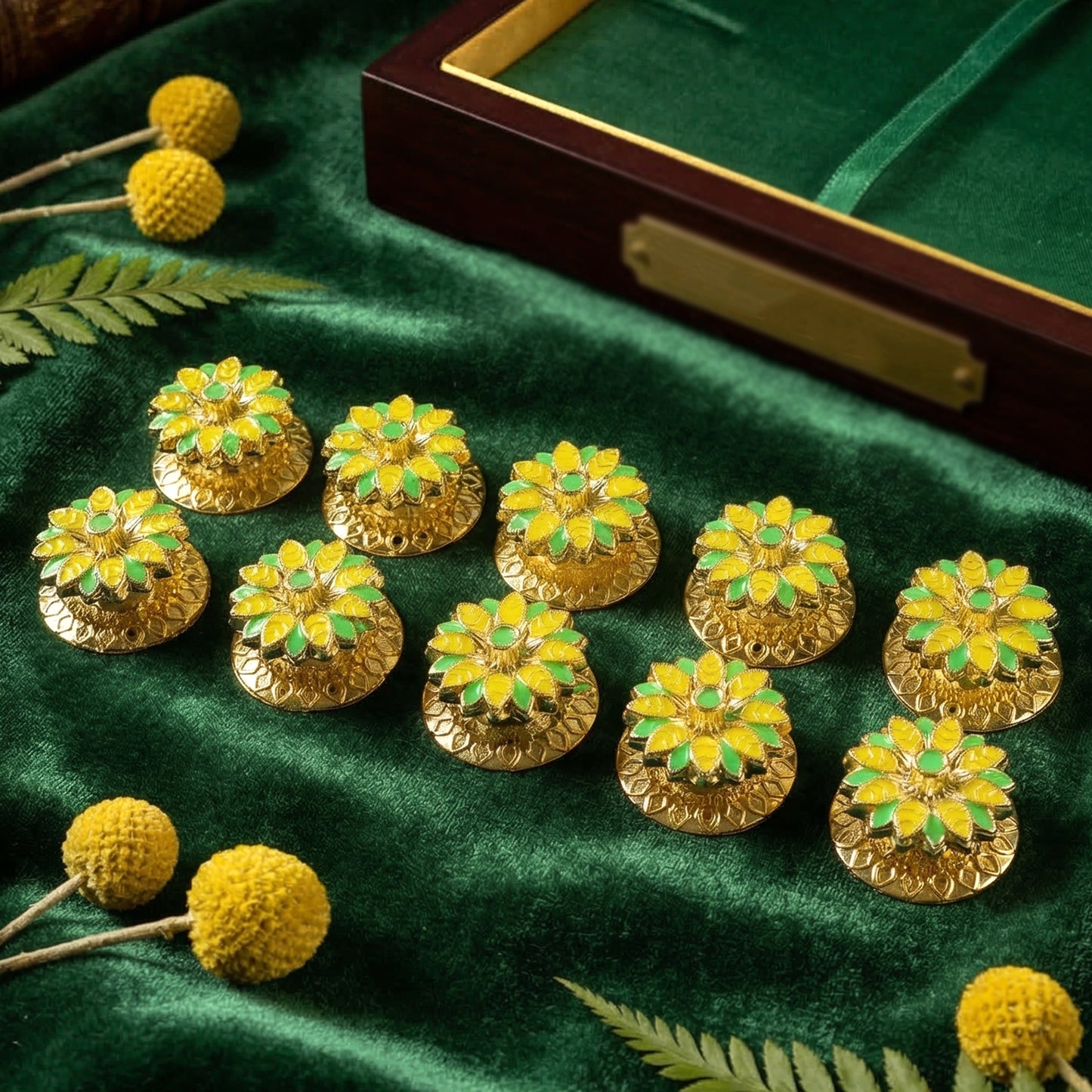 Decorative Wukusy Kankavati Kumkum storage set with 10 mix design small containers for Kumkum and accessories.