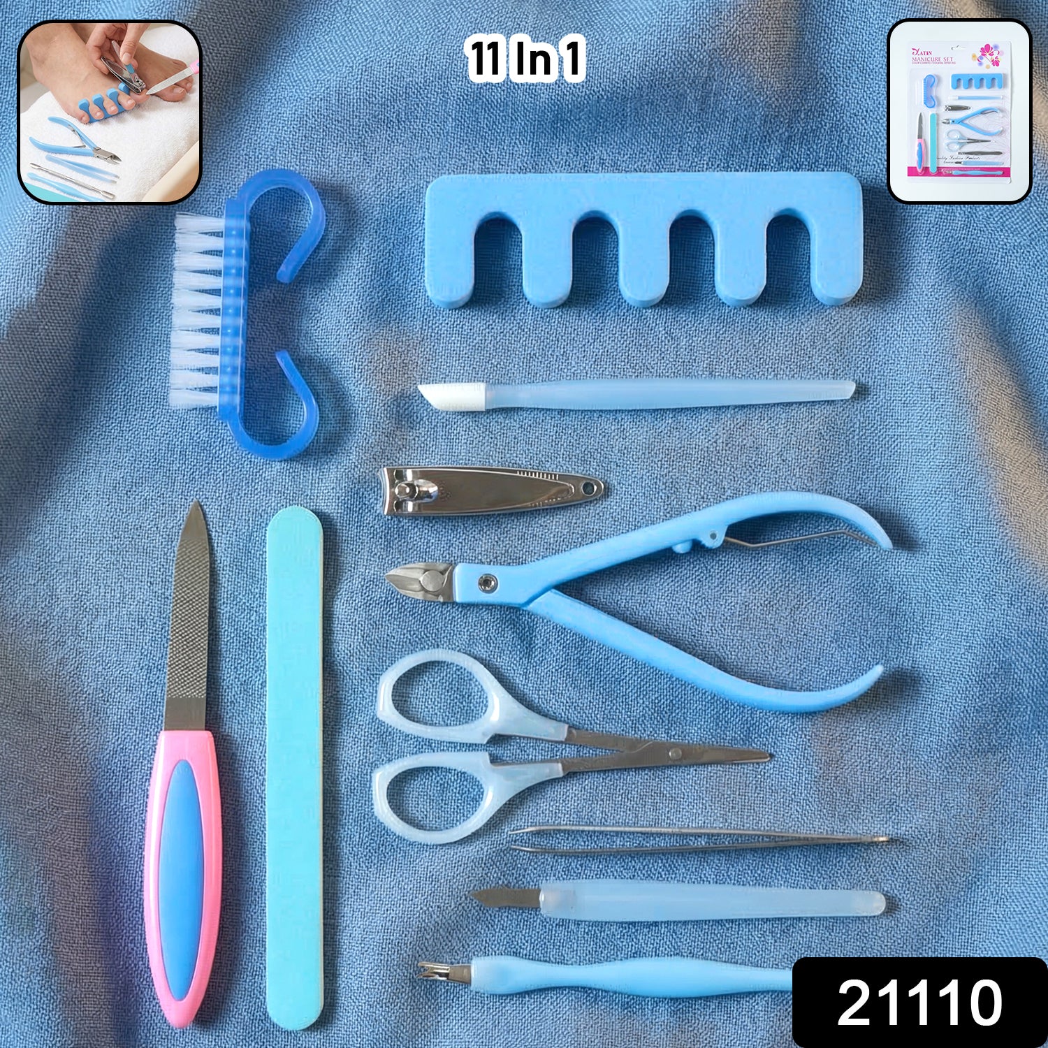 Wukusy 11-in-1 manicure and pedicure nail care kit with various tools for trimming, filing, and shaping nails.