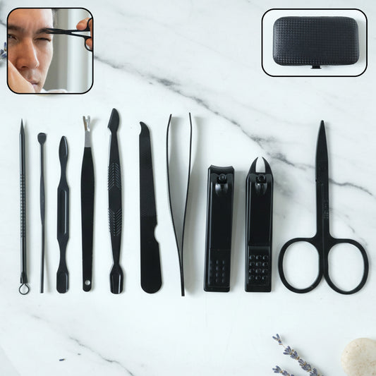 Wukusy 10-in-1 professional manicure and pedicure grooming kit with various tools for nail care and personal grooming.