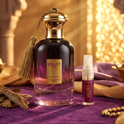 Next Premium Velvet Oud Eau De Perfume by Wukusy, 100ml bottle with elegant velvet packaging and a luxurious oud scent.
