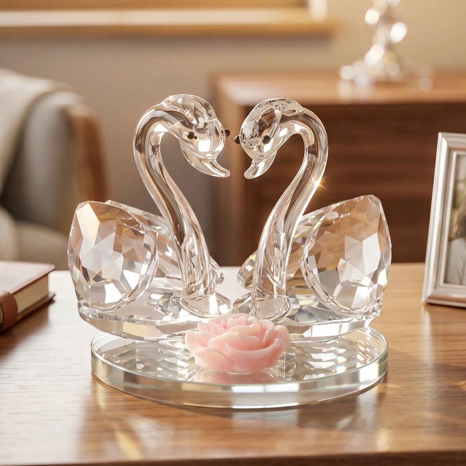Pair of Wukusy crystal glass swan figurines, elegant decorative showpieces for home decor, showcasing a graceful couple in clear glass.