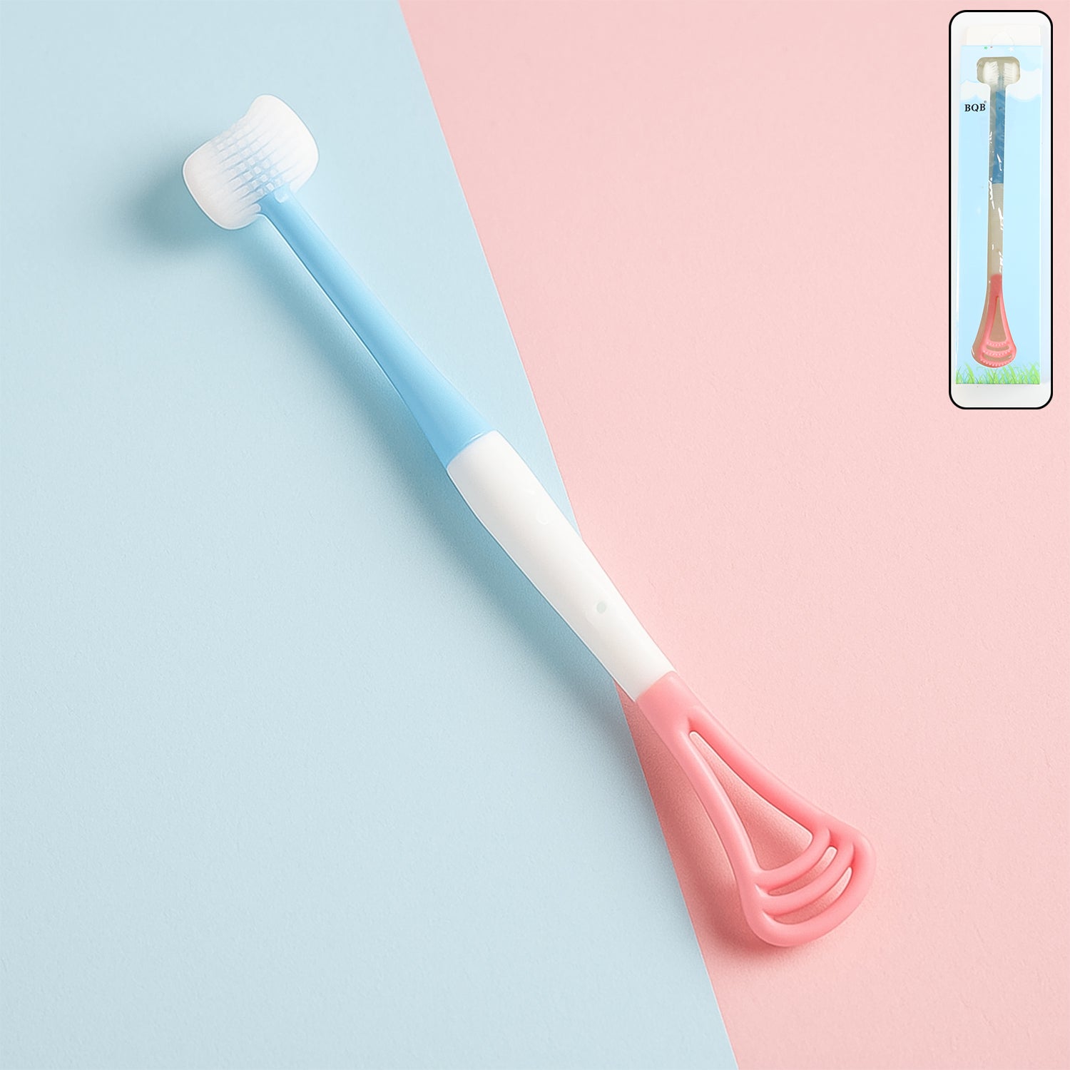 Wukusy 2-in-1 baby tongue cleaner and oral massager stick with soft silicone brush head for gentle oral care.