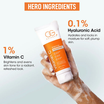 Wukusy Og Beauty Vitamin C Brightening Facewash bottle, 100ml, with clear label and vibrant packaging for healthy skin.