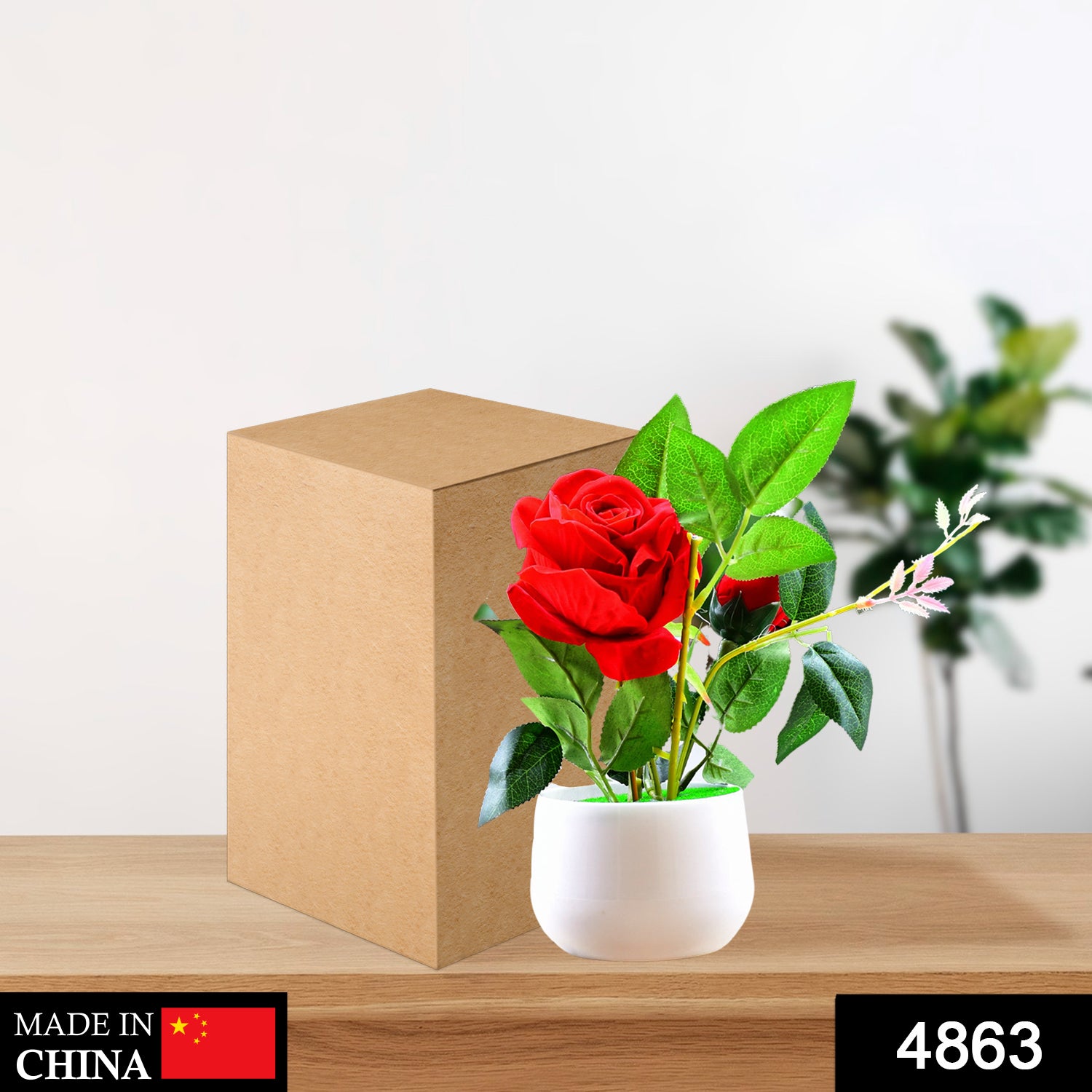 Artificial rose flower plant in a decorative pot by Wukusy, ideal for home or office decor and gifting.