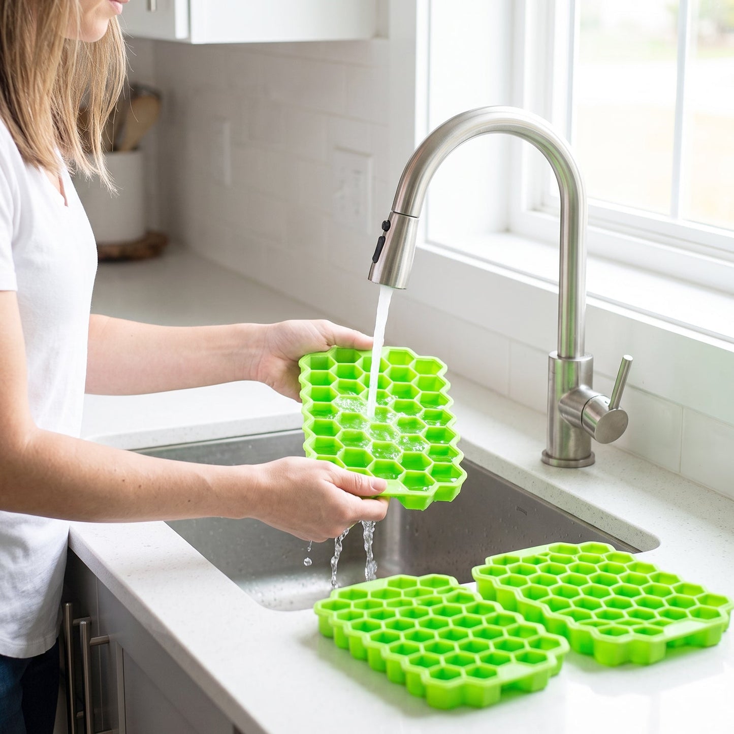 Flexible Wukusy silicone honeycomb ice cube tray with 37 cavities for easy freezing and making ice cubes.