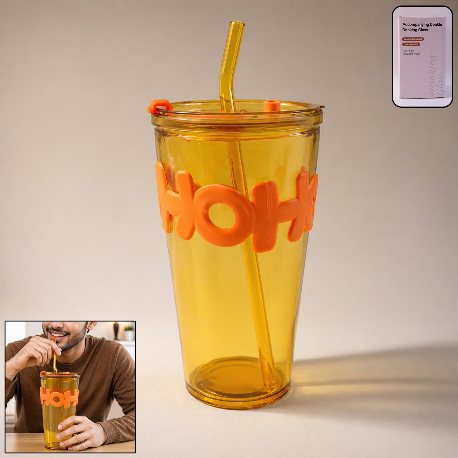 Transparent glass tumbler with lid and straw, 450 ml capacity, by Wukusy, showing the clear glass and matching lid and straw.
