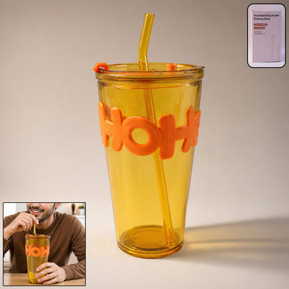 Transparent glass tumbler with lid and straw, 450 ml capacity, by Wukusy, showing the clear glass and matching lid and straw.