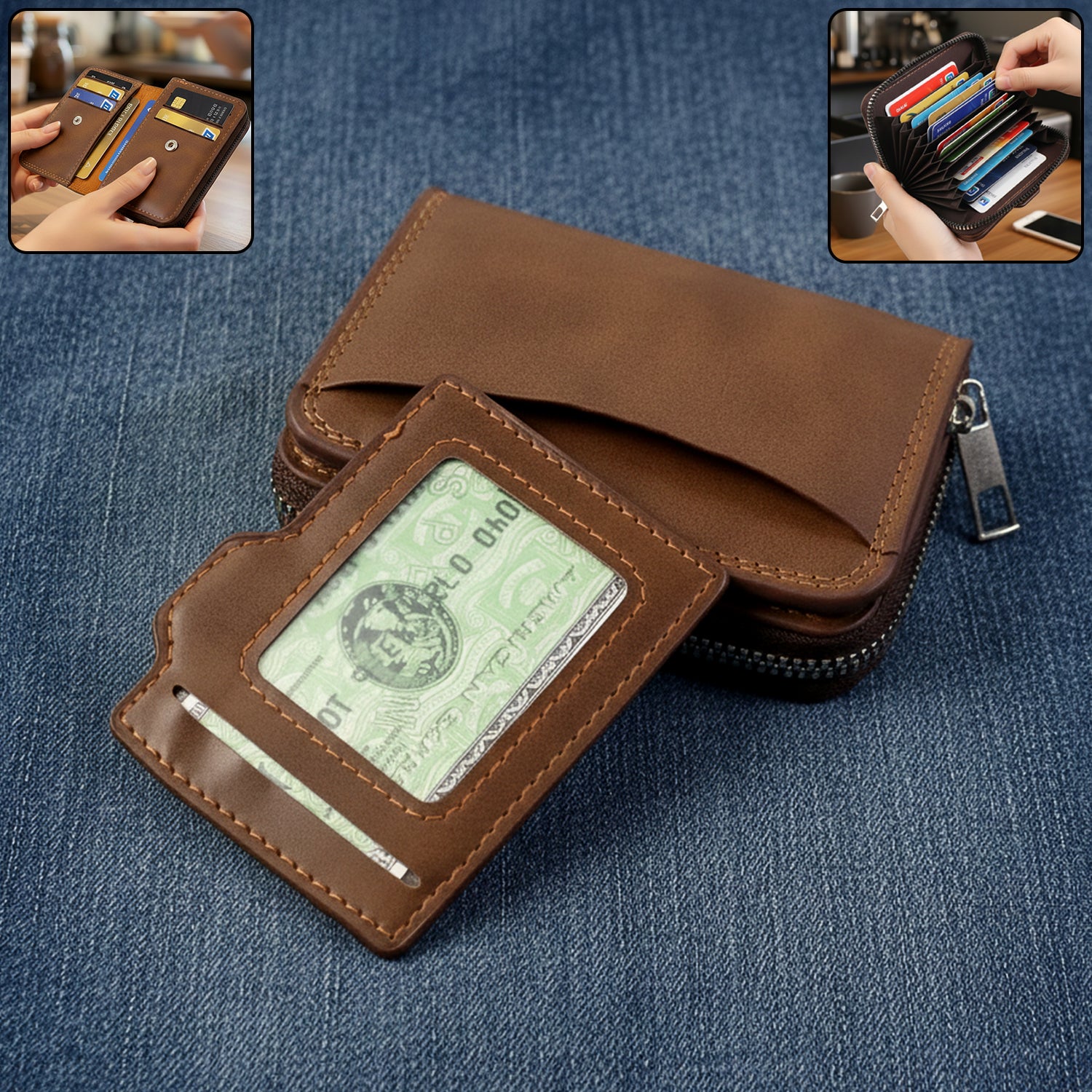 Wukusy premium zip closure card holder wallet with multiple compartments for cards and cash, in sleek compact design.