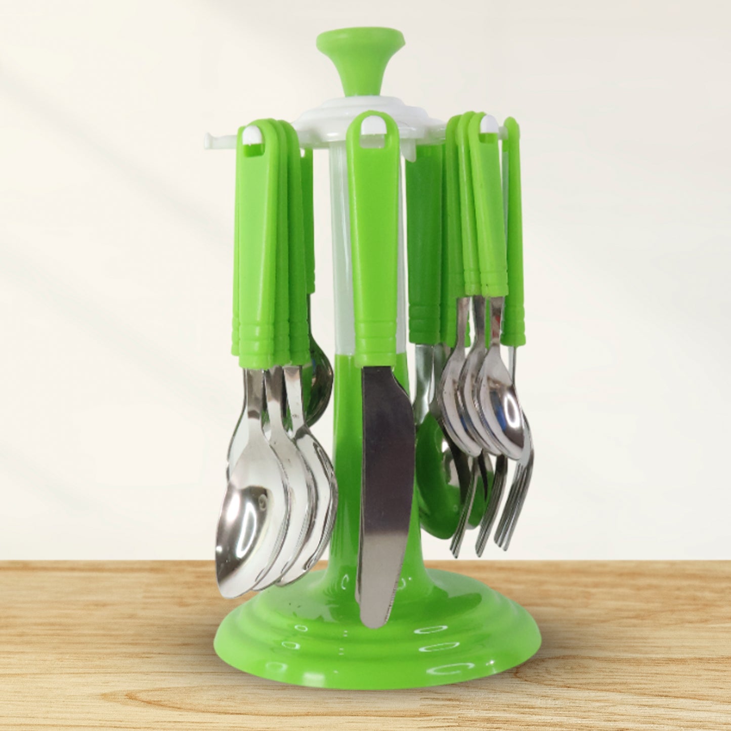 Wukusy 24-piece stainless steel cutlery set with matching stand, including forks, knives, spoons for home and kitchen use.