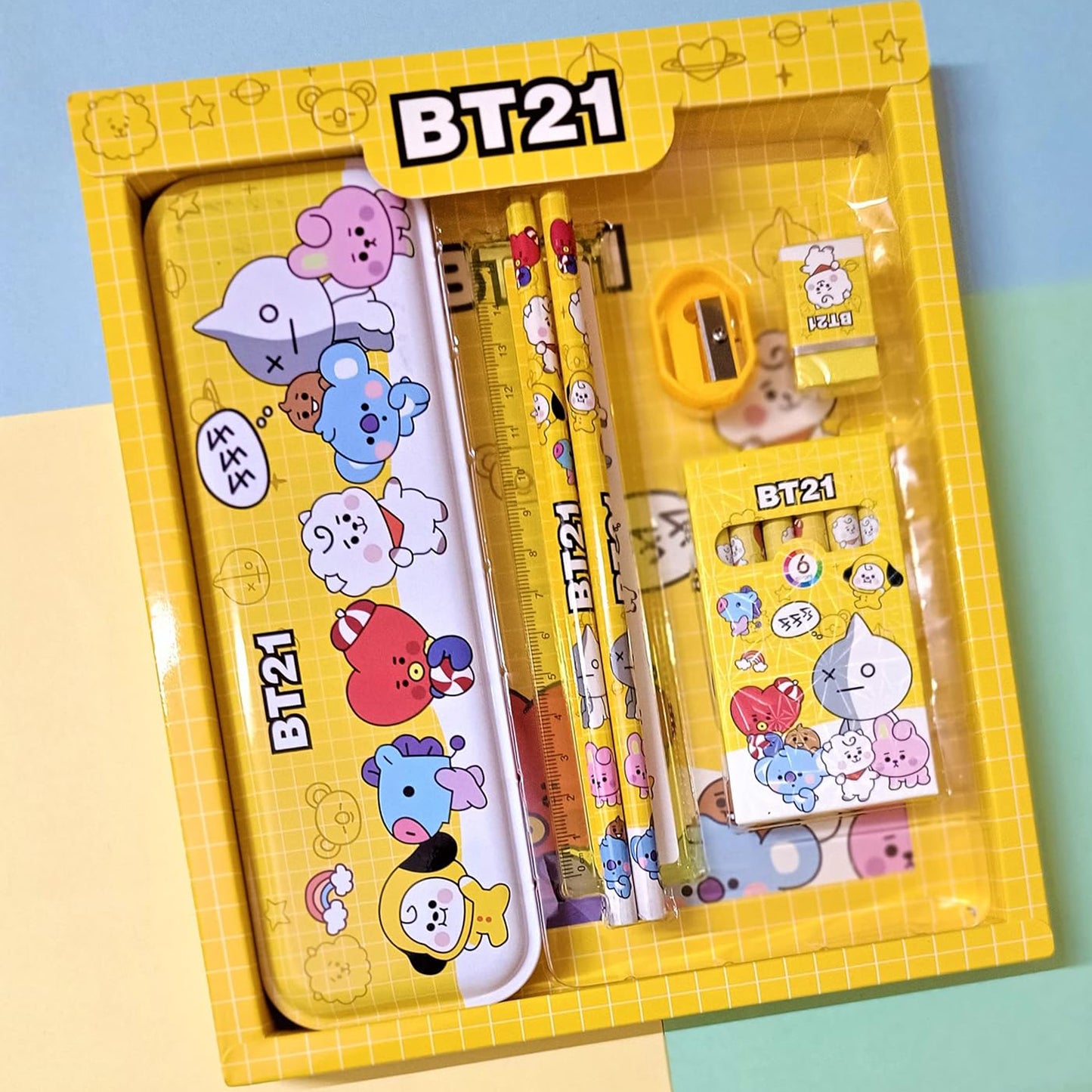 Wukusy 3294 kids stationery kit includes metal pencil box, sharpener, pencils, and erasers in a 12-piece school supply set for boys and girls.