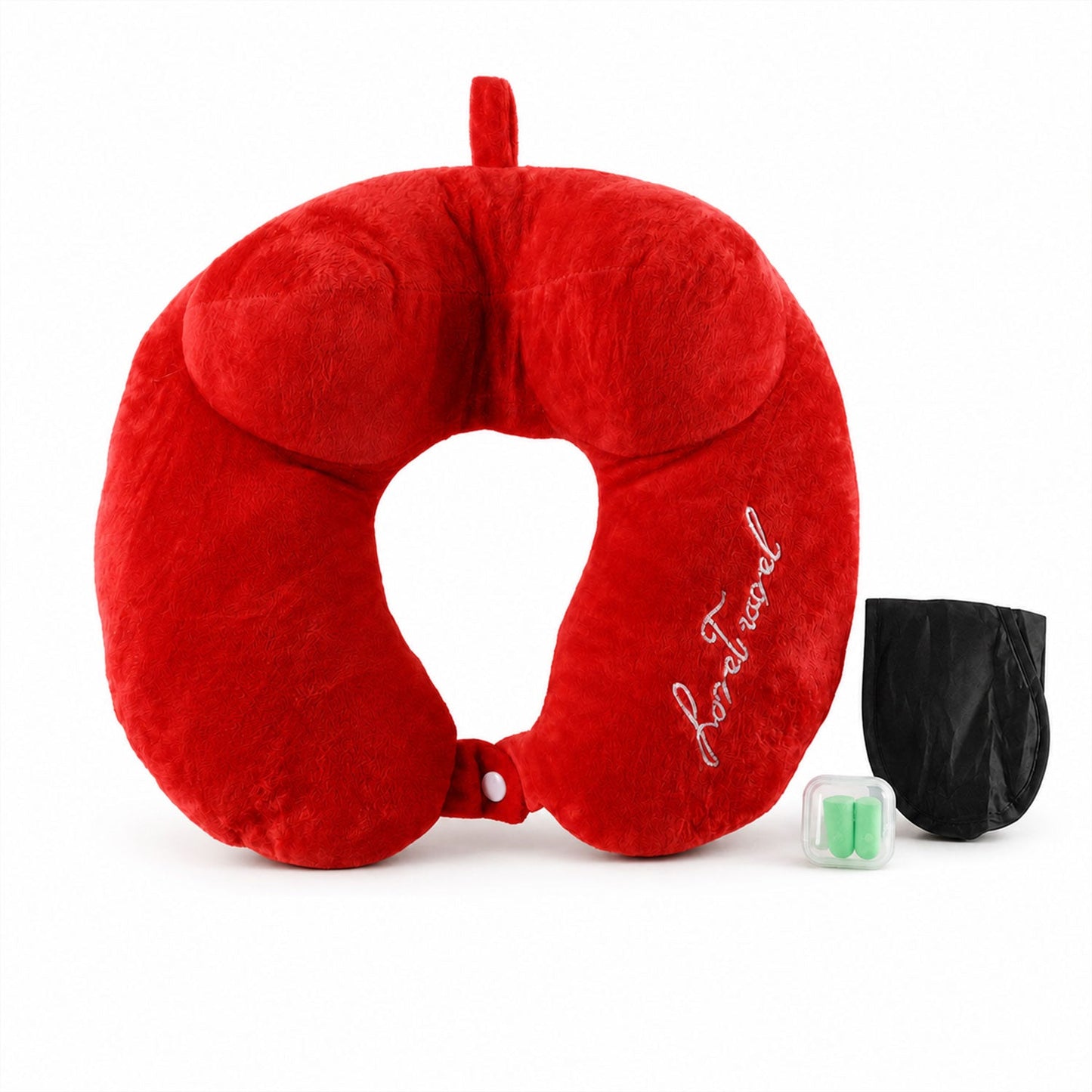 Wukusy 3-in-1 travel neck pillow with sleep eye mask and ear plugs set, soft and supportive for comfortable travel rest.