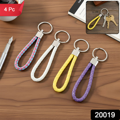 Set of four braided loop keychains by Wukusy featuring colorful woven designs and sturdy metal keyring attachments.