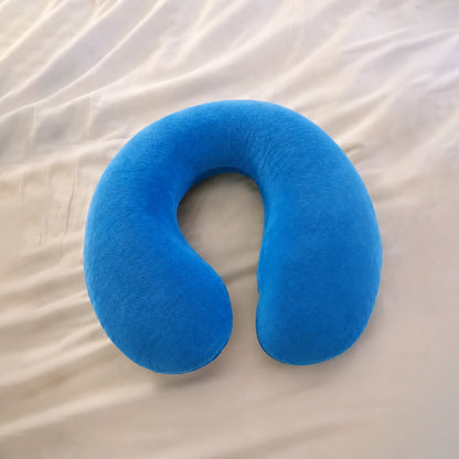 Blue U-shaped soft travel neck pillow by Wukusy, designed for head and neck support during travel.