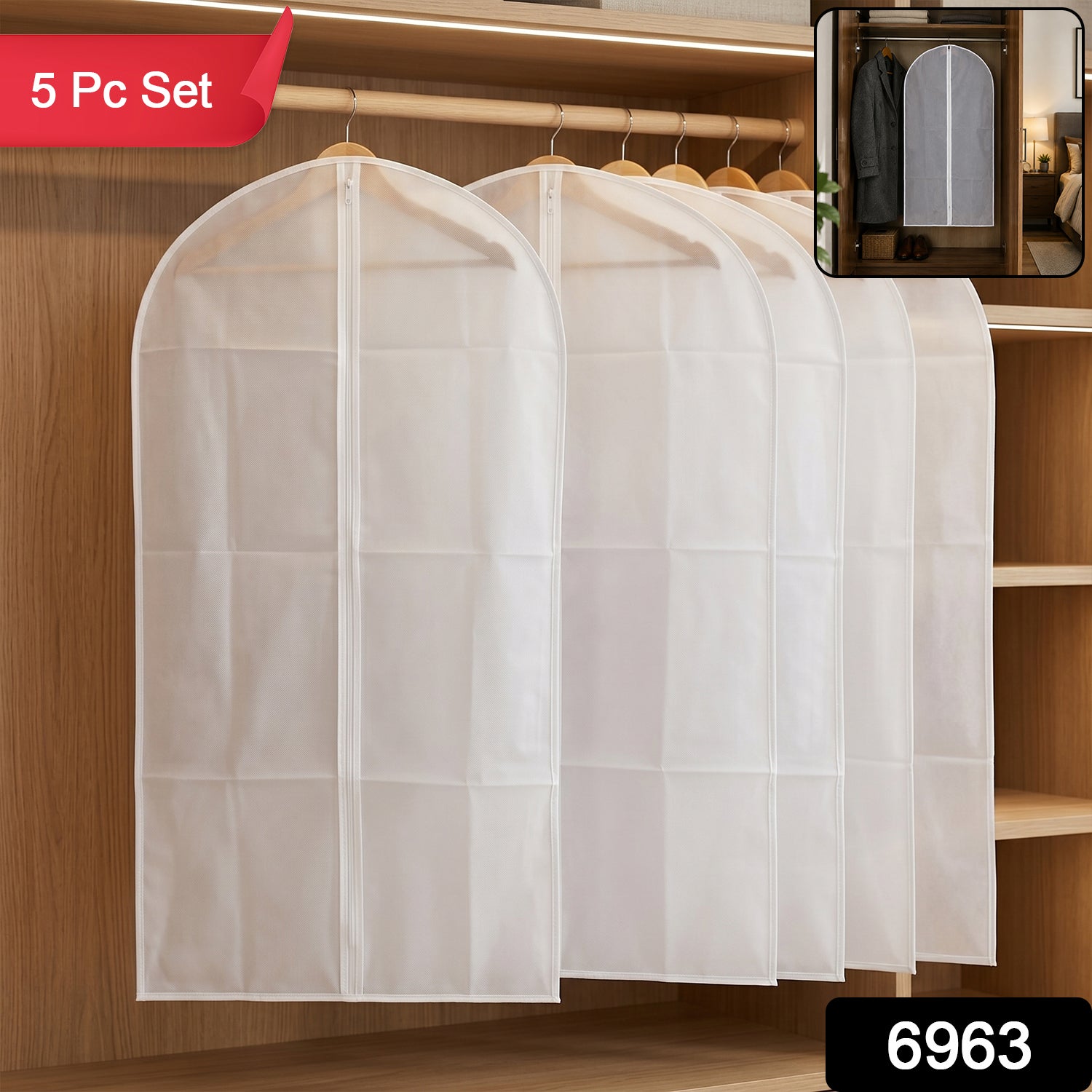 Set of five Wukusy foldable non-woven suit covers for protecting coats and clothing during storage or travel.