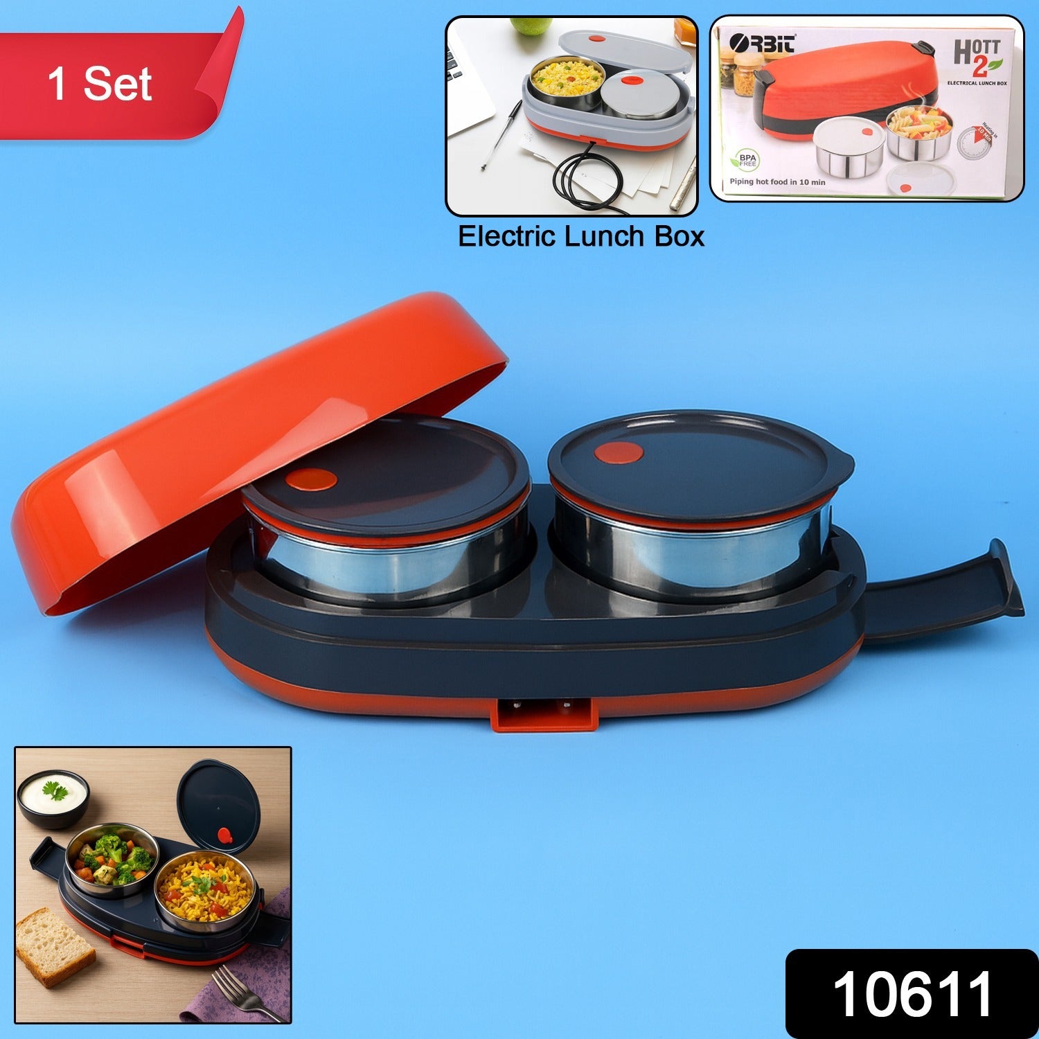 Wukusy Orbit electric lunch box with dual stainless steel containers, ideal for home and kitchen meal heating and storage.
