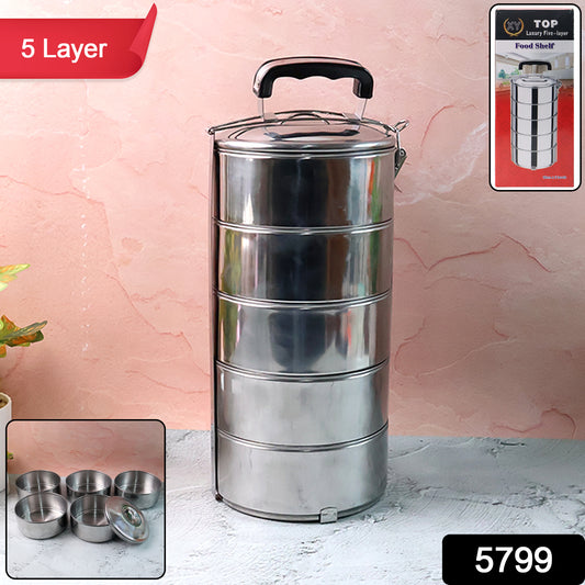 Wukusy 5799 stainless steel 5-compartment lunch box with locking clips, round traditional tiffin for kids, college, office, meal holder