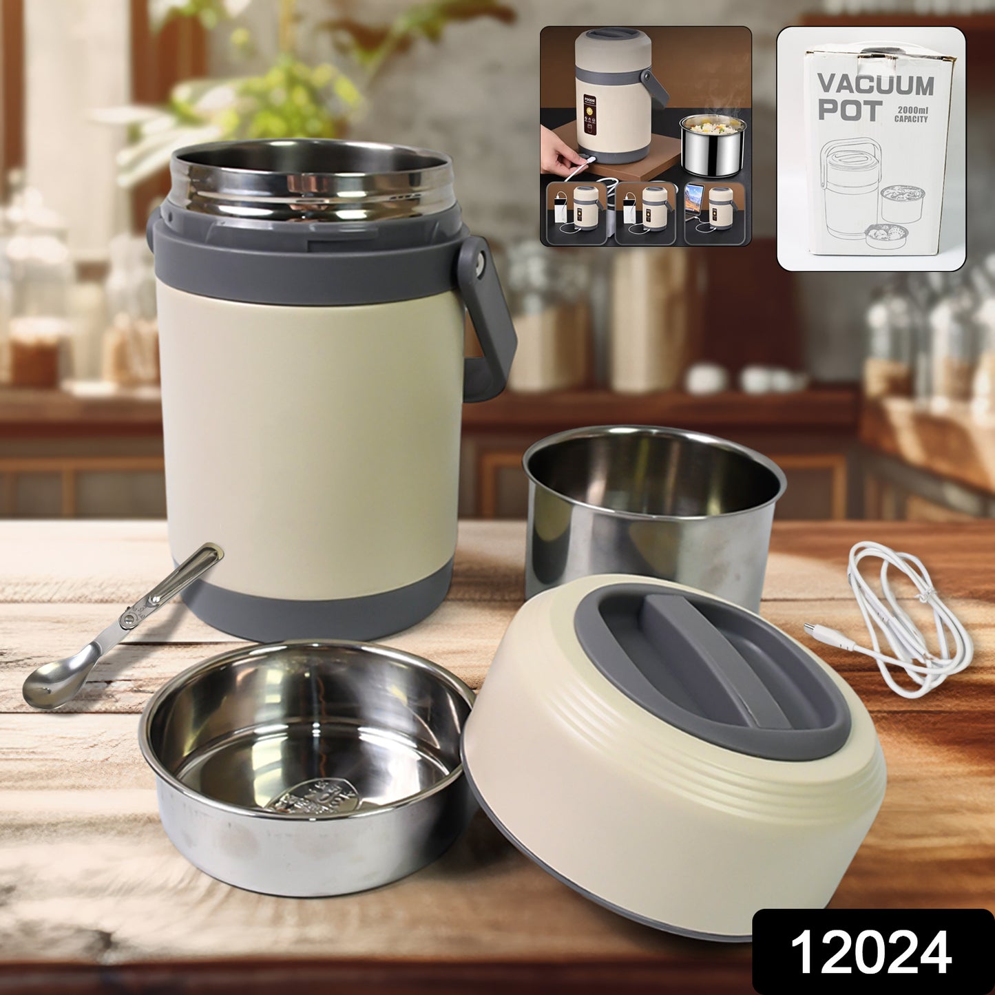 Wukusy USB electric heated lunch box, 2-liter capacity, portable kitchen tool for keeping meals warm.
