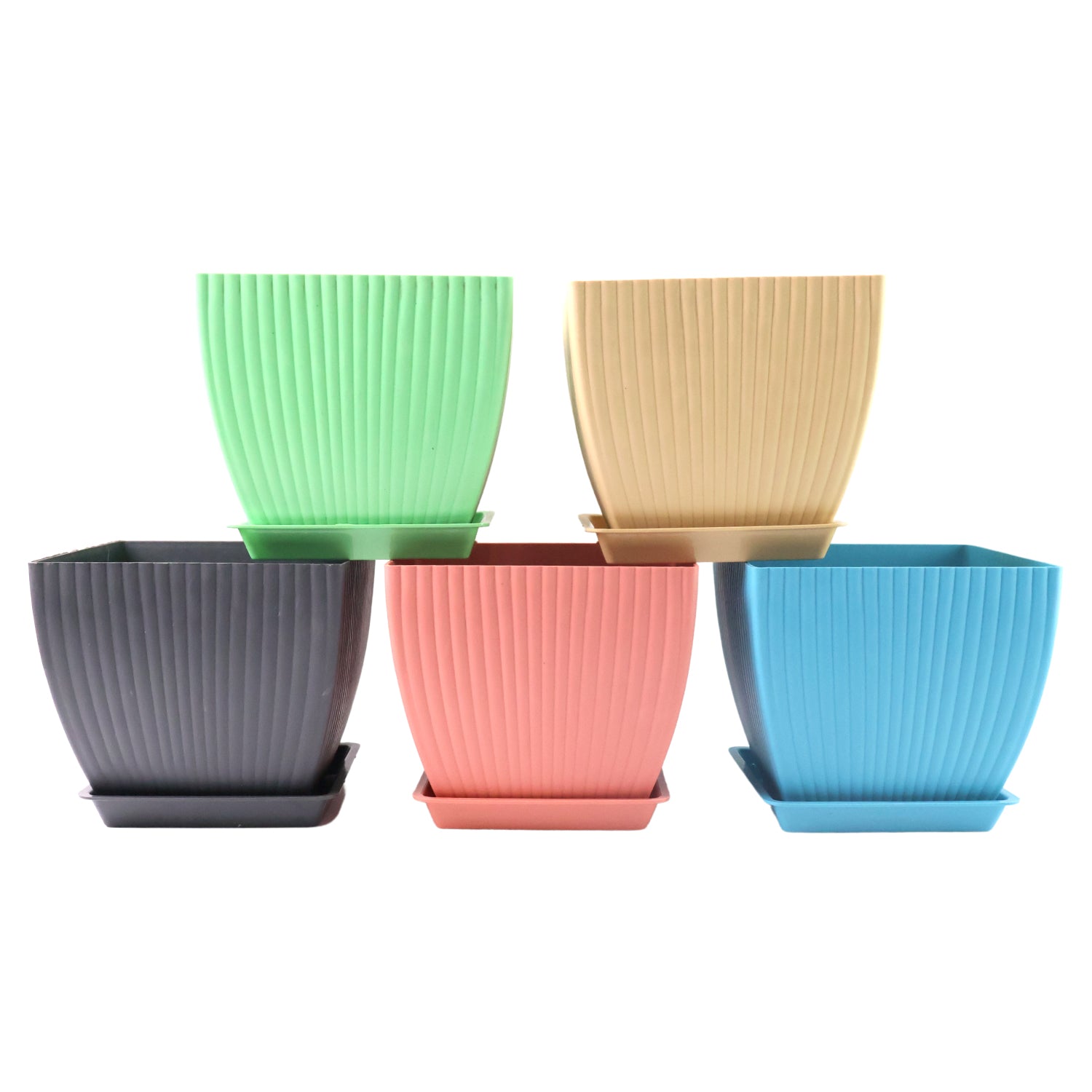 Set of five trendy square plastic flower pots for garden use by Wukusy, perfect for planting and decorating outdoor spaces.