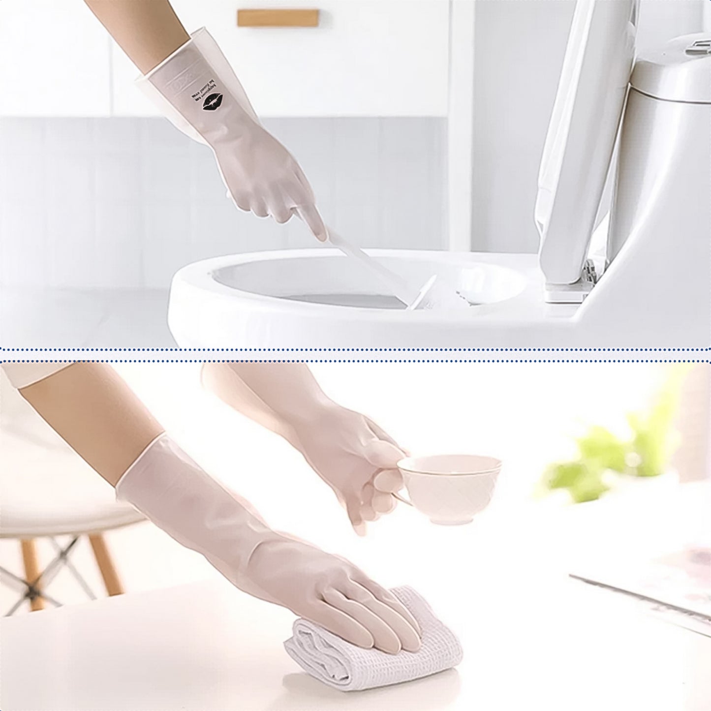 Pair of Wukusy cleaning gloves for kitchen and household use, showing textured rubber palms and comfortable fit