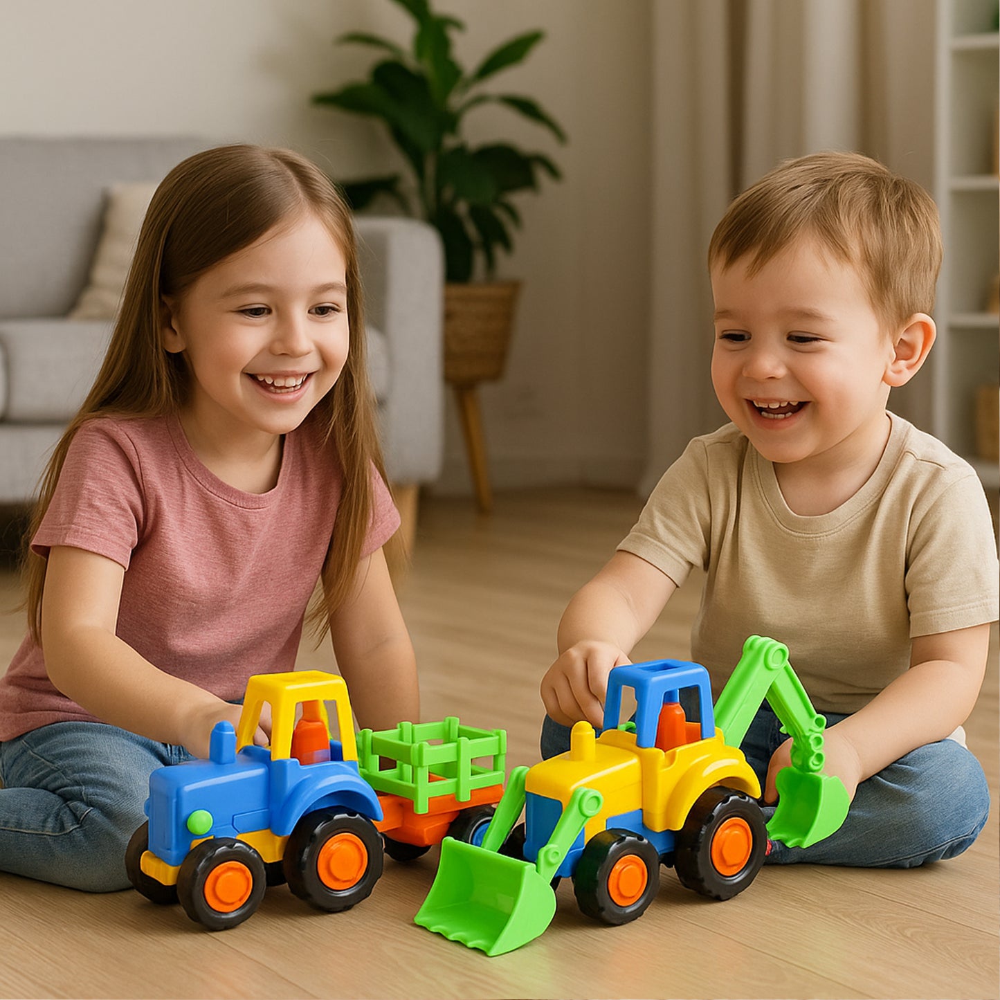 Wukusy Funwoods Itsy Bitsy Construction Vehicle Toy Set for kids, 8-piece set with colorful plastic construction vehicles.