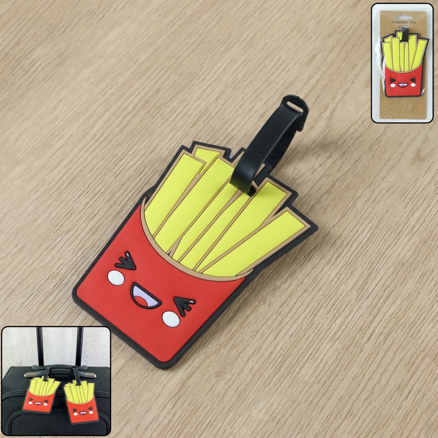 Wukusy cute French fries design travel luggage bag tag with colorful fries illustration and adjustable strap.