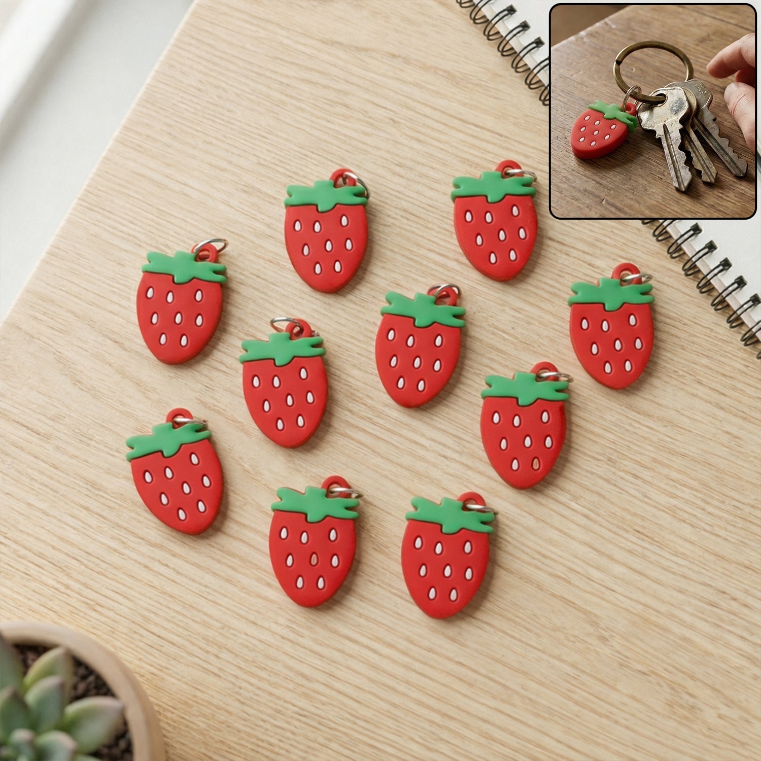 Set of 10 Wukusy strawberry design bag charm keychains featuring colorful, playful fruit motifs for bags and accessories.