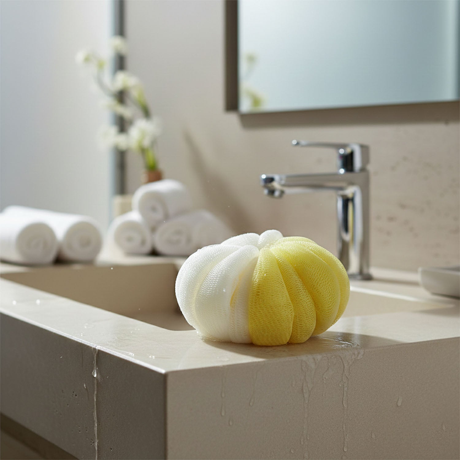 Wukusy dual color soft mesh bath loofah body scrubber for gentle exfoliation and cleansing in the shower or bath.