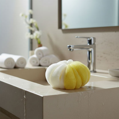Wukusy dual color soft mesh bath loofah body scrubber for gentle exfoliation and cleansing in the shower or bath.