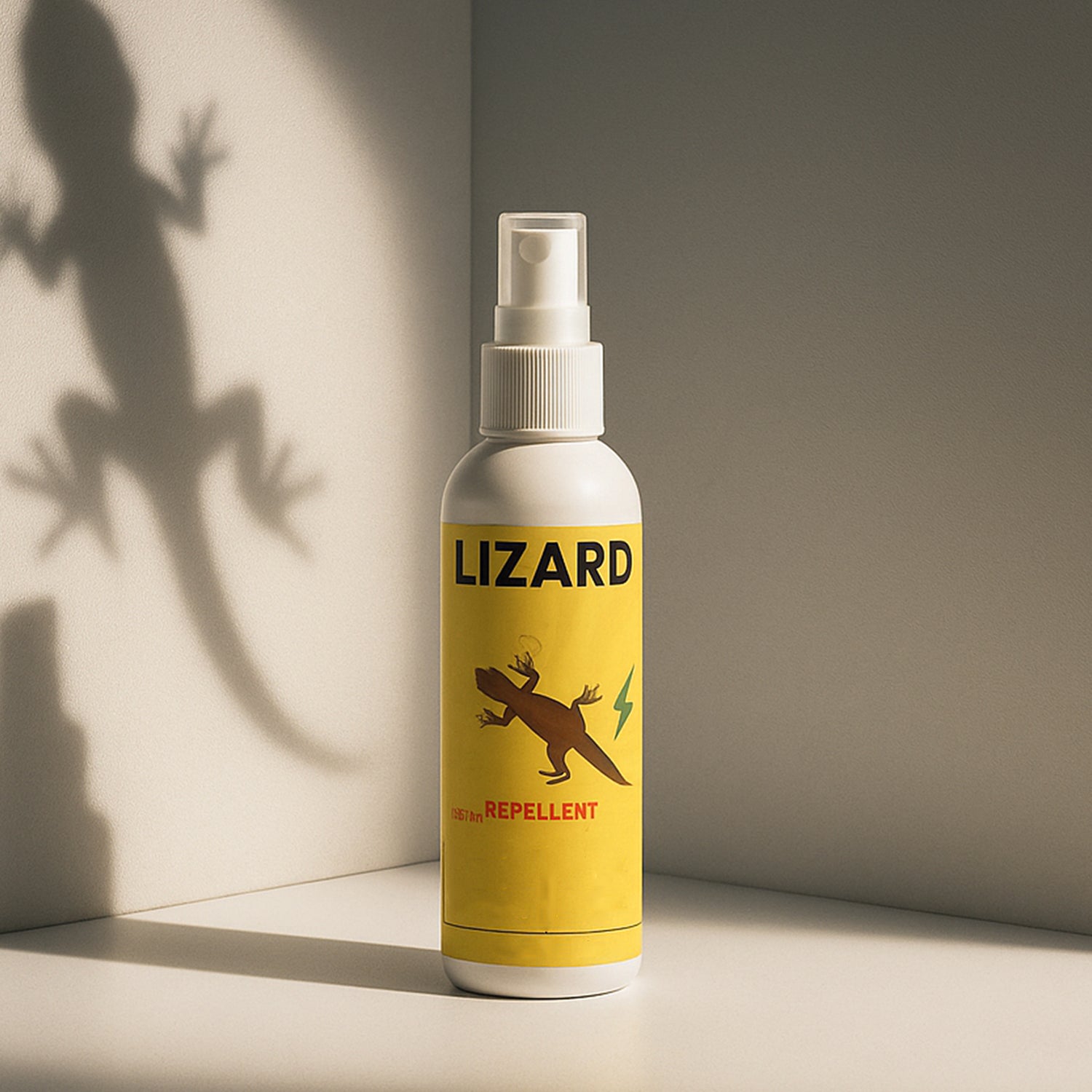 Wukusy lizard repellent spray 100ml bottle for home use, shown with spray nozzle and product label in a home setting.