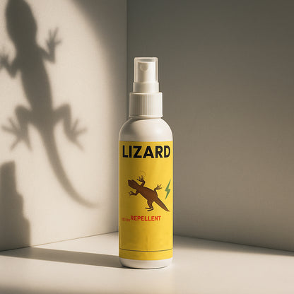 Wukusy lizard repellent spray 100ml bottle for home use, shown with spray nozzle and product label in a home setting.