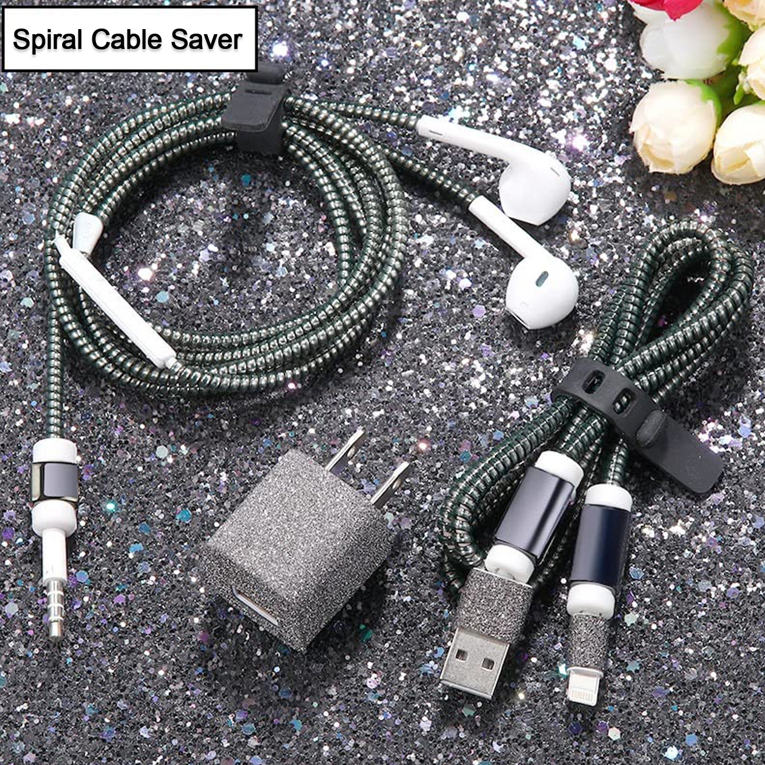 Wukusy metallic finish spiral cable protector for Mac charging cables, provides durable wrap and strain relief for mobile accessories.