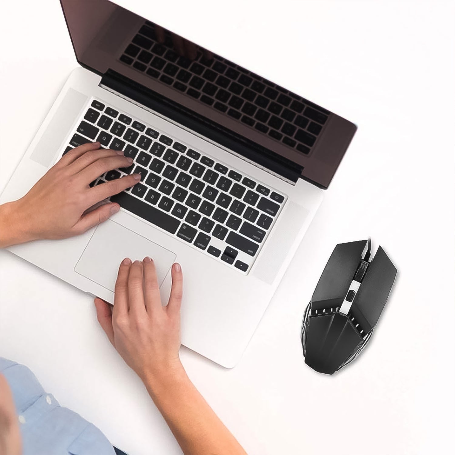 Wukusy USB wired ergonomic gaming mouse with contoured design and customizable buttons, placed on a desk surface.