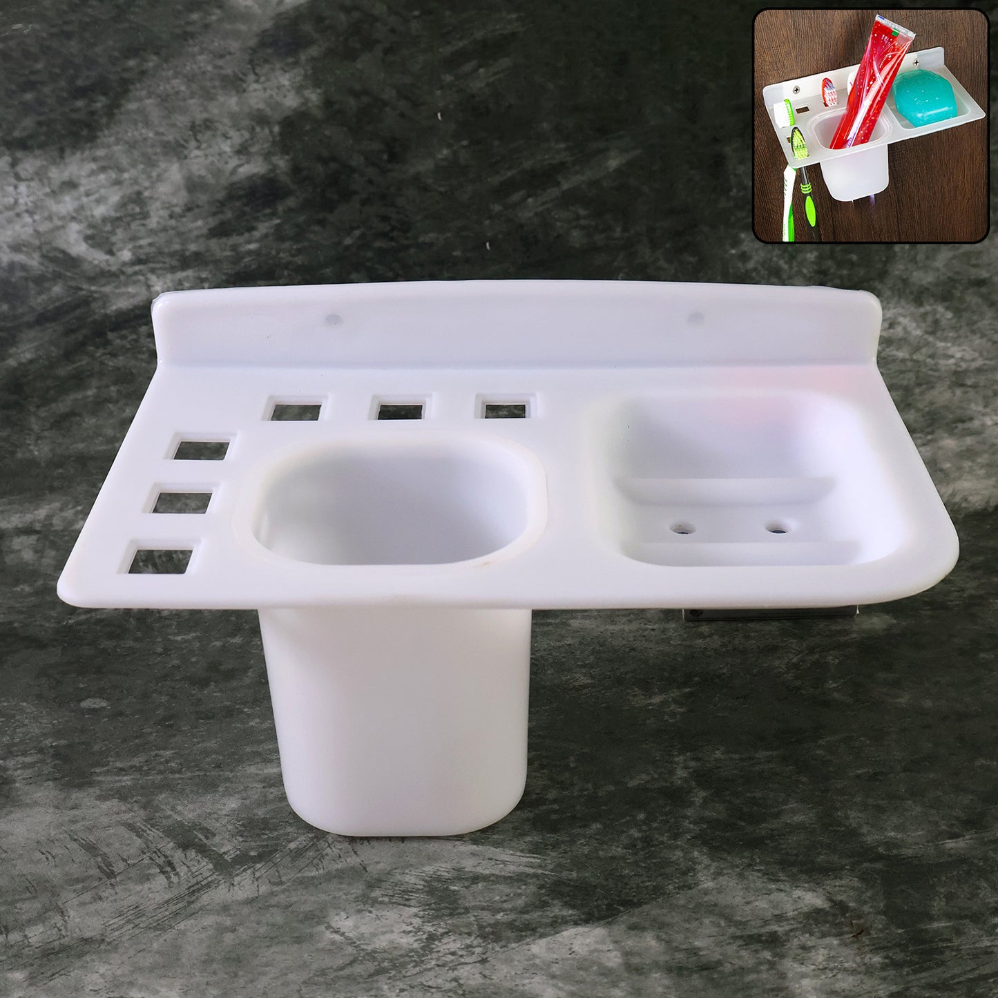 Wukusy 3-in-1 wall-mounted toothbrush, soap holder, and cup organizer with multiple compartments for bathroom storage.