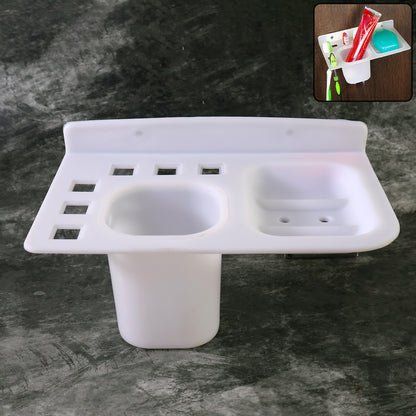 Wukusy 3-in-1 wall-mounted toothbrush, soap holder, and cup organizer with multiple compartments for bathroom storage.