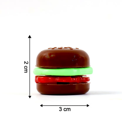 Mini burger shaped toy for kids by Wukusy, featuring colorful plastic with realistic burger details and a playful design.