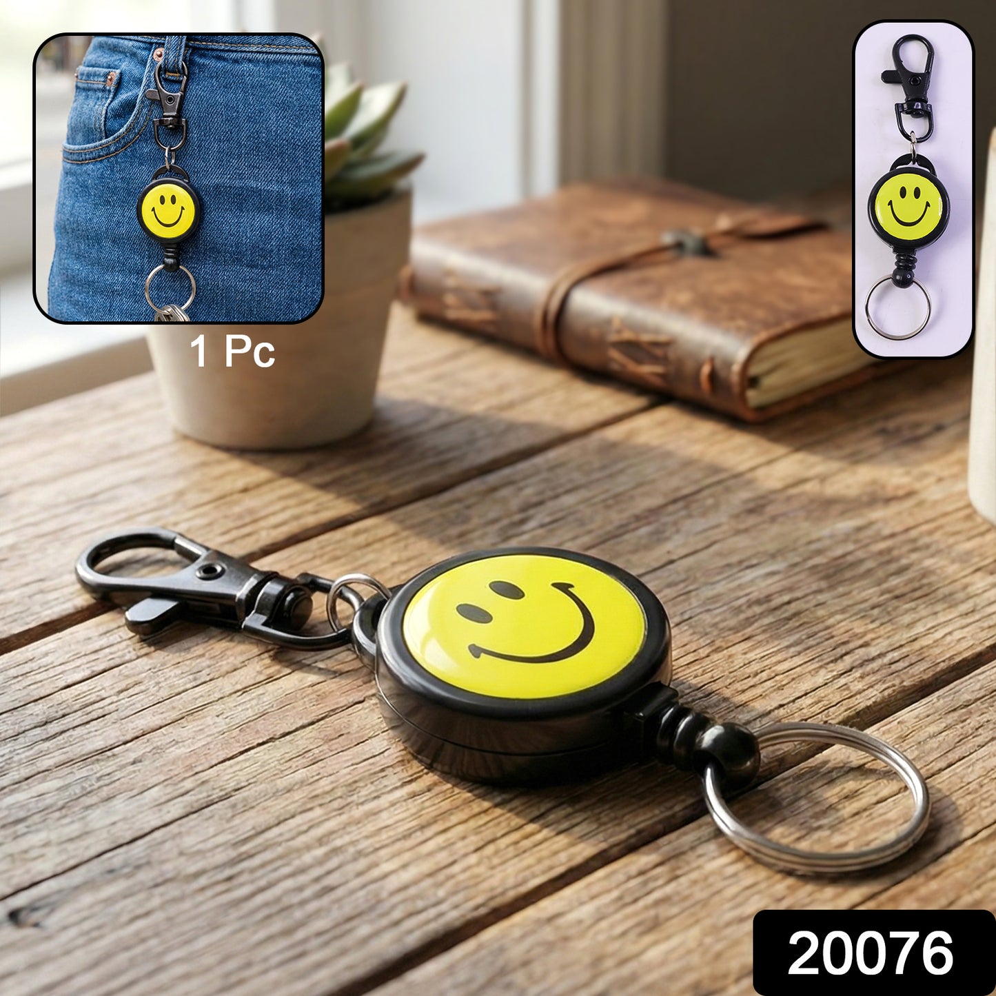 Wukusy smiley face retractable keychain with bright yellow design and cheerful smile, attached to keys or bags.