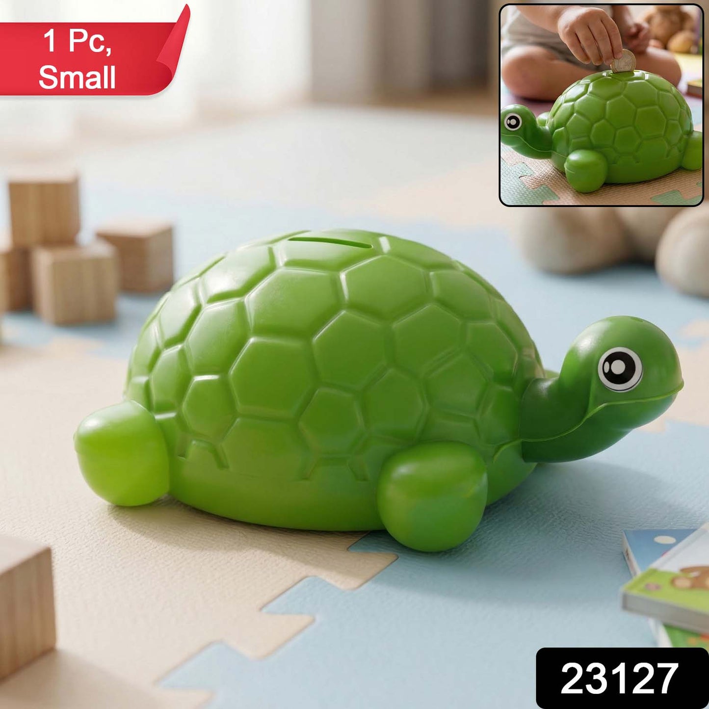 Small tortoise-shaped Wukusy coin money bank for saving, featuring a cute shell design and slot for coins.