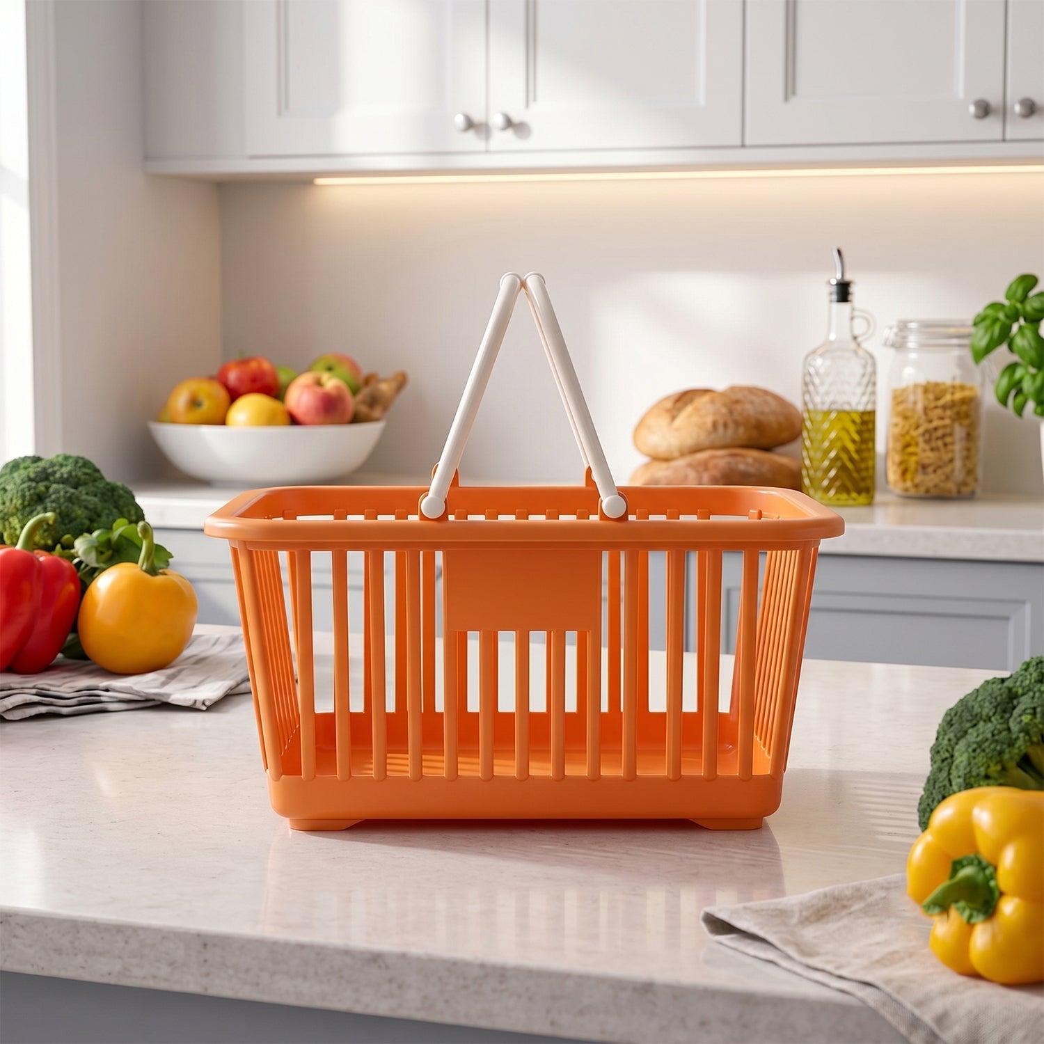 Wukusy plastic storage basket with foldable handles, suitable for fruits, vegetables, and groceries, shown with contents inside.