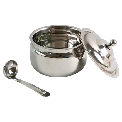 Premium stainless steel ghee pot by Wukusy, showcasing a sleek, shiny kitchen container with a lid and handle for storing ghee.
