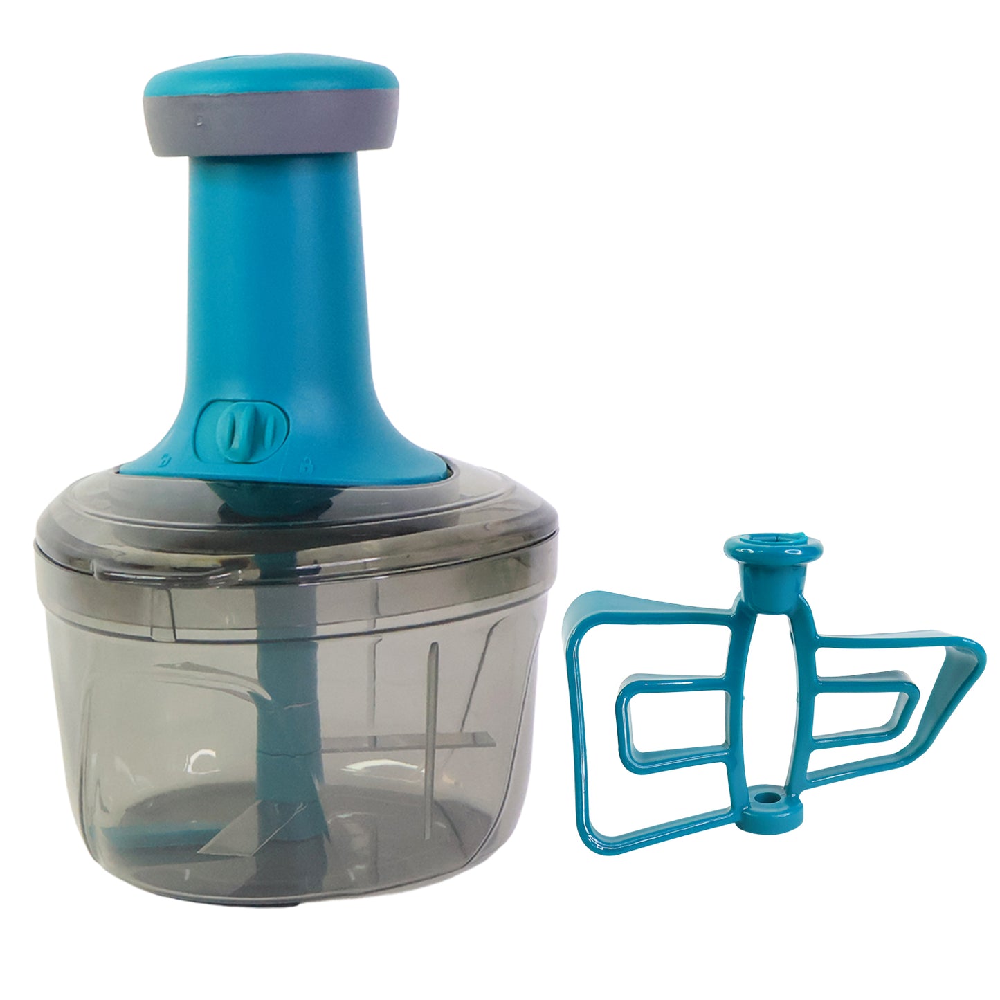 Wukusy Supermom Premium Tringo Push Chopper in white, compact kitchen tool for chopping vegetables and herbs efficiently.