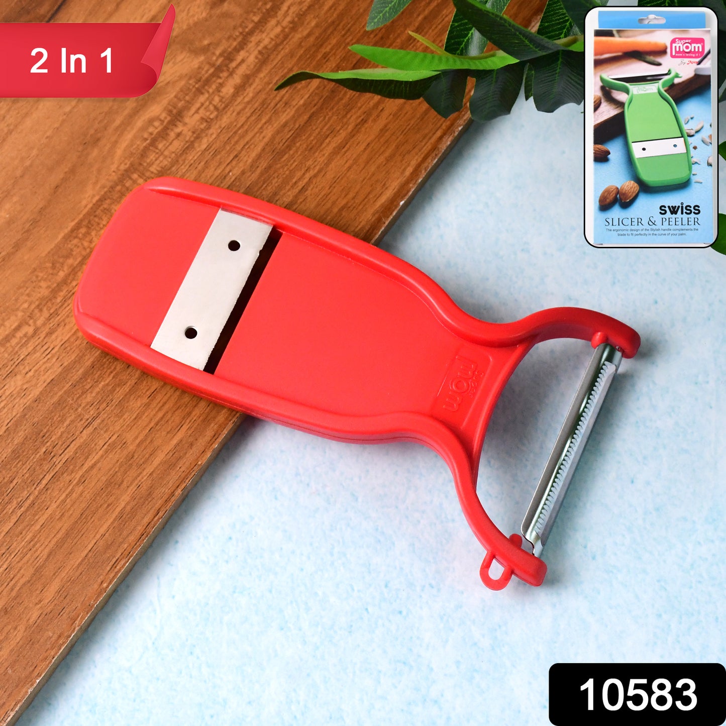Wukusy Supermom Swiss 2-in-1 slicer and peeler with ultra-sharp stainless steel blades for efficient kitchen food prep.