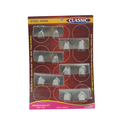 Wukusy 9414 stainless steel self-adhesive wall hooks set, double hooks for bathroom, kitchen, tiles, and wallpaper.
