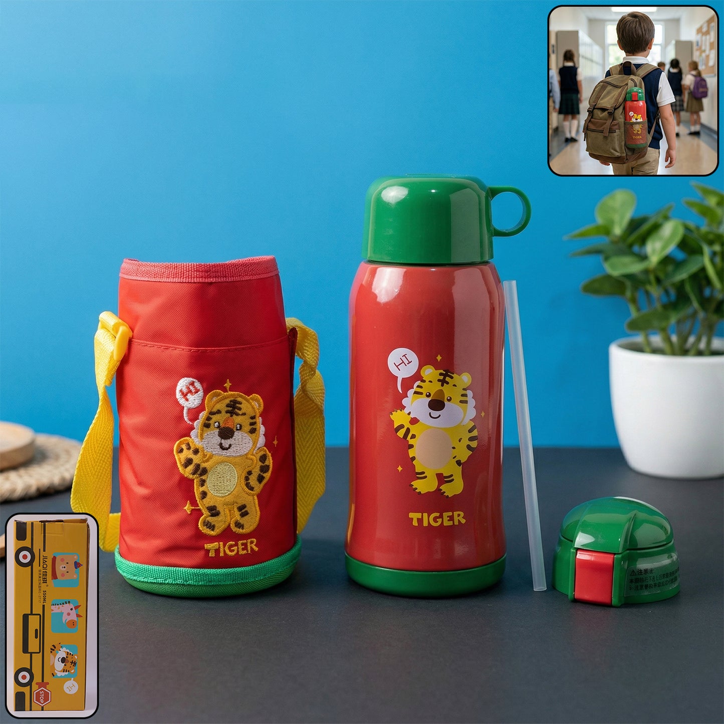 Wukusy 550ml kids cartoon printed water bottle with straw and carry sling bag, colorful design for children.