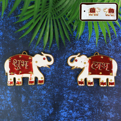 Pair of Wukusy Shubh Labh elephant wall hangings for home decor, intricately designed decorative wall art.