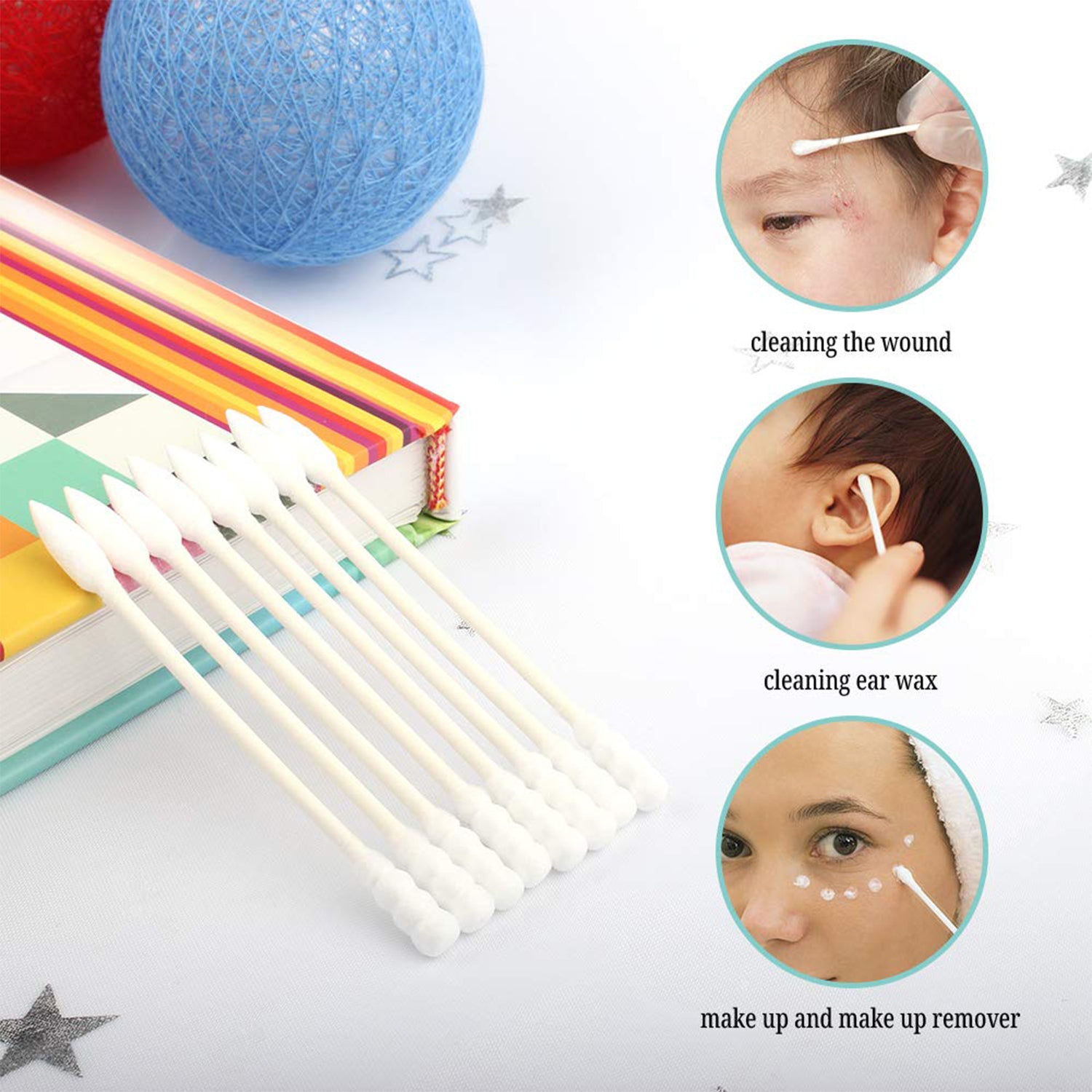 Wukusy cotton ear buds set with 200 white ear tips and plastic sticks for ear cleaning and personal hygiene.