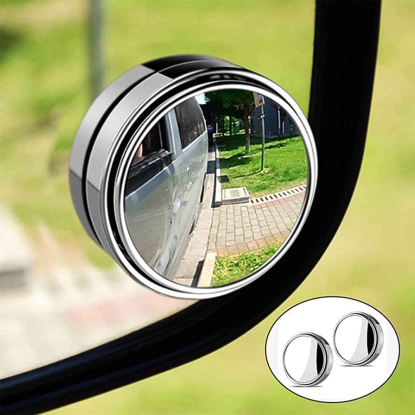 Wukusy round HD glass car blind spot side mirrors, 2-piece set, showing reflective surface and mounting side for vehicle safety.