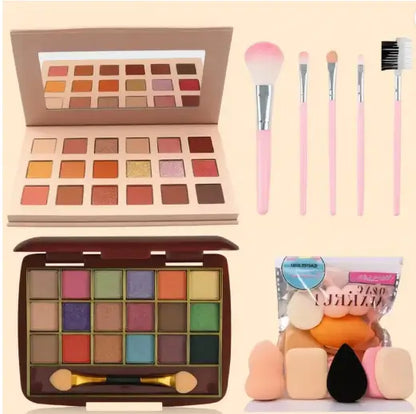 Ekom 18-color eyeshadow and makeup brush set with multi-shade eyeshadows and brushes displayed on a neutral background.