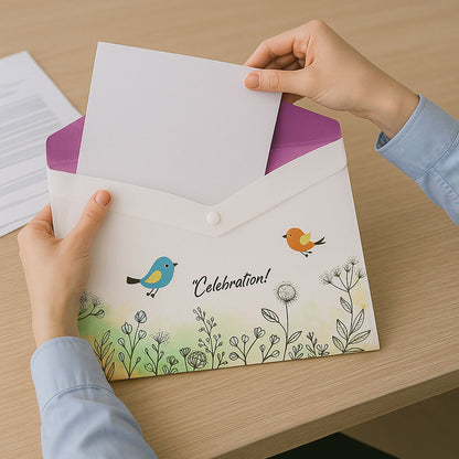 Wukusy A4 printed document folder with decorative button closure, beige color, designed for organizing papers and files.